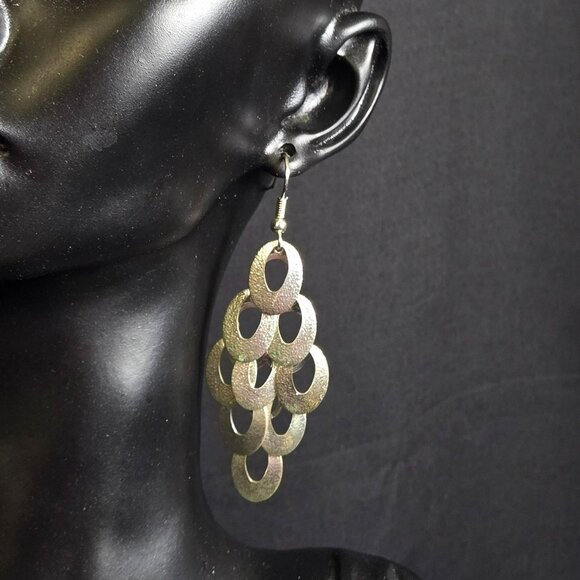 Silver Tone Serpent Scale Dangle Earrings Textured Layered Ovals 3" Lightweight - Picture 1 of 5